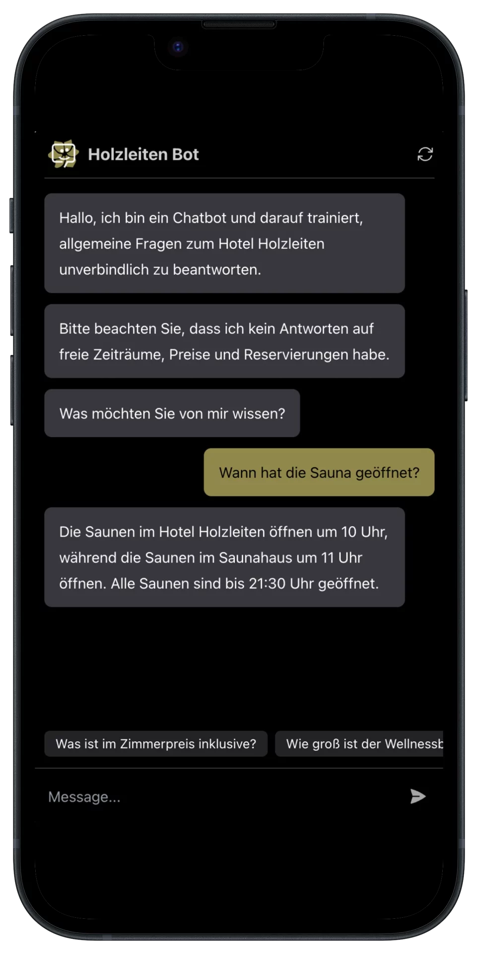 hotel chatbot holzleiten iphone