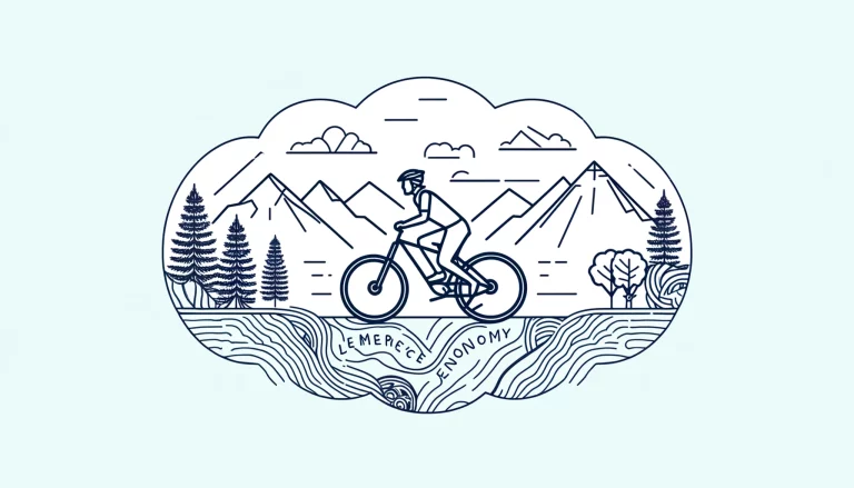 DALL·E 2024 04 08 13.59.31 A line drawing illustrating the concept of self congruity in experience economy showing a person mountain biking in nature symbolizing a match betwe
