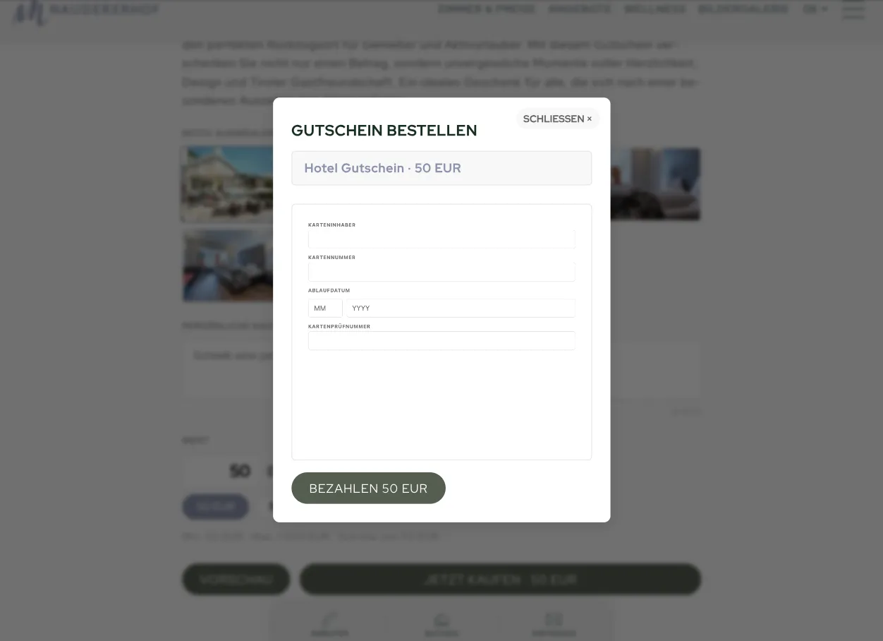 Gutscheinbestellung für 50 EUR Hotelgutschein im "Haus am Meer".