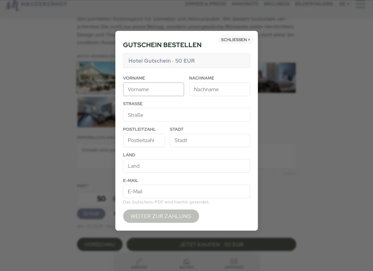 Bestellformular für einen 50 EUR Hotelgutschein.