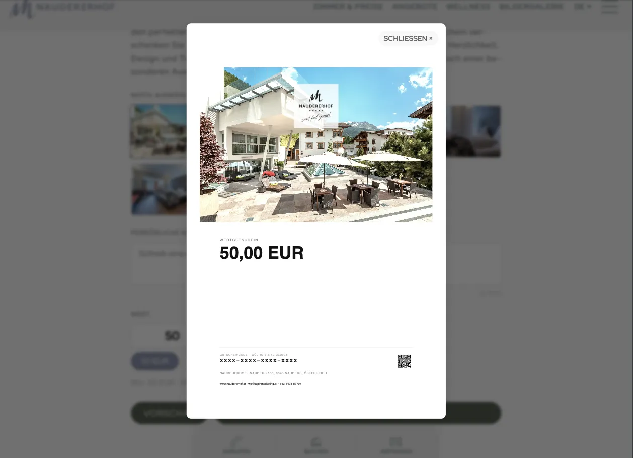 Gutschein über 50 EUR mit Bild des Hotels Naudererhof