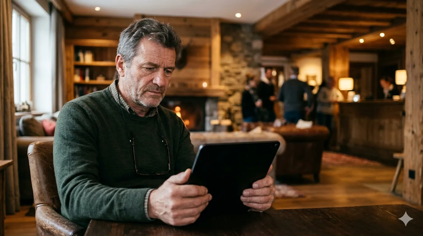 Mann mit iPad in gemütlicher Hotel-Lobby mit Kamin und Holzdekor